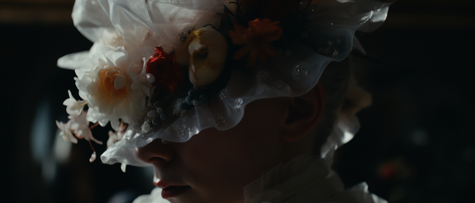 a young child wearing a flower crown on her head