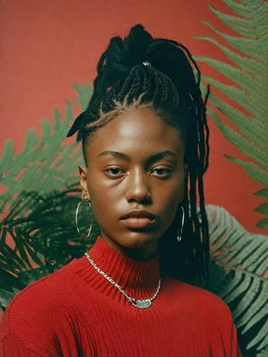 a woman wearing a red sweater and earrings