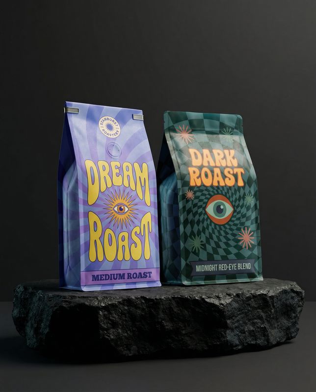 two bags of coffee sitting on top of a rock