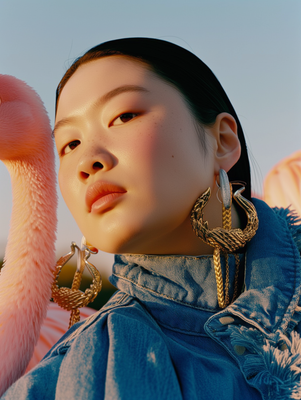 a woman wearing a denim jacket and large earrings