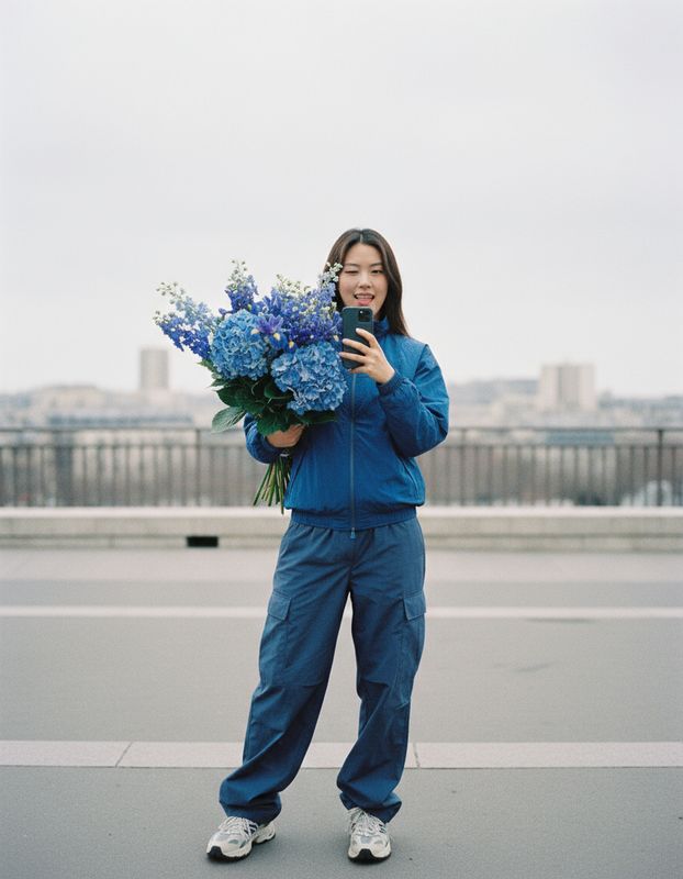 a woman holding a bunch of blue flowers