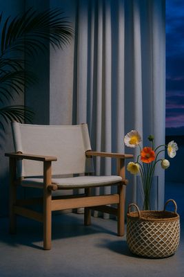 a chair and a basket with flowers in it