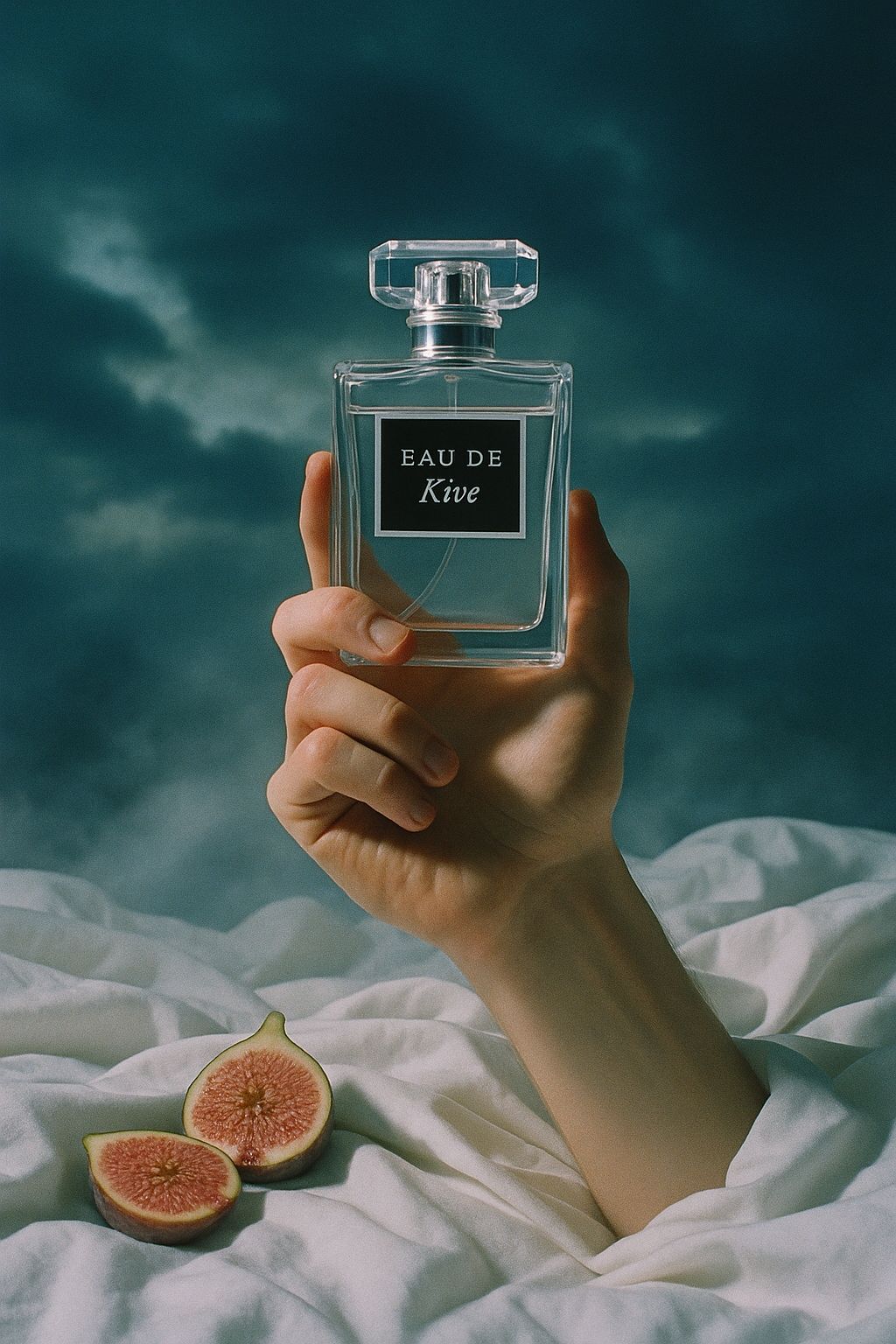 a person holding a bottle of perfume over a bed