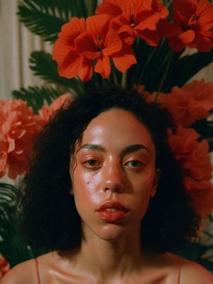 a woman with freckles on her face and flowers in the background