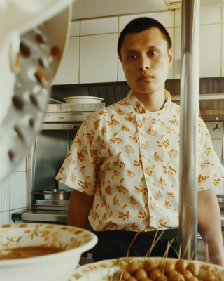 a man standing in a kitchen next to a bowl of food