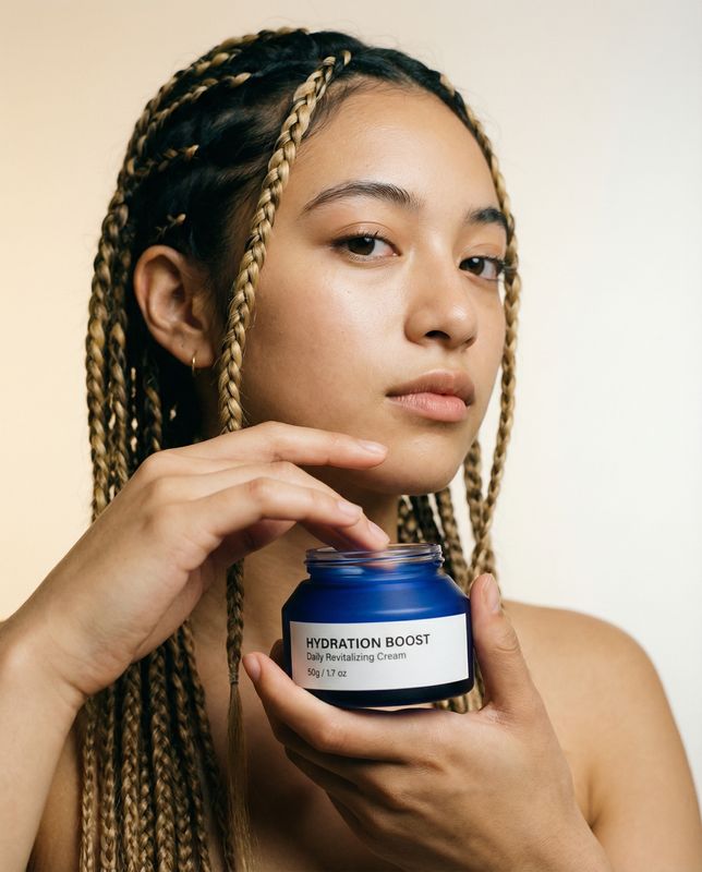 a woman holding a jar of hydrating cream