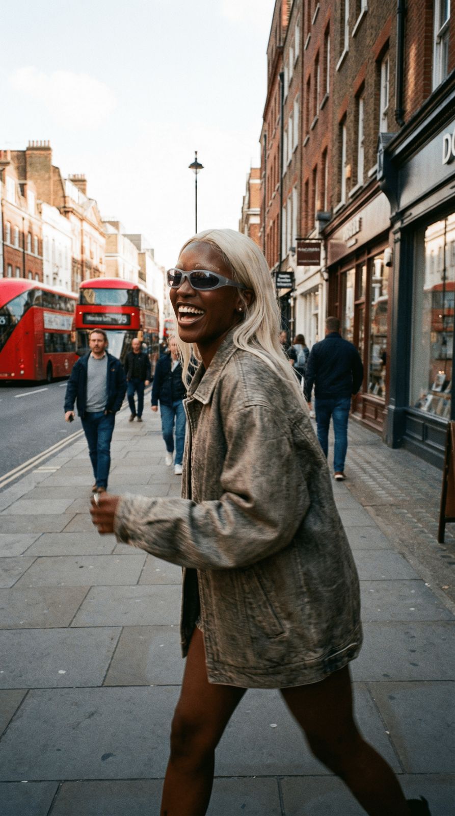 a woman walking down a street next to a red double decker bus