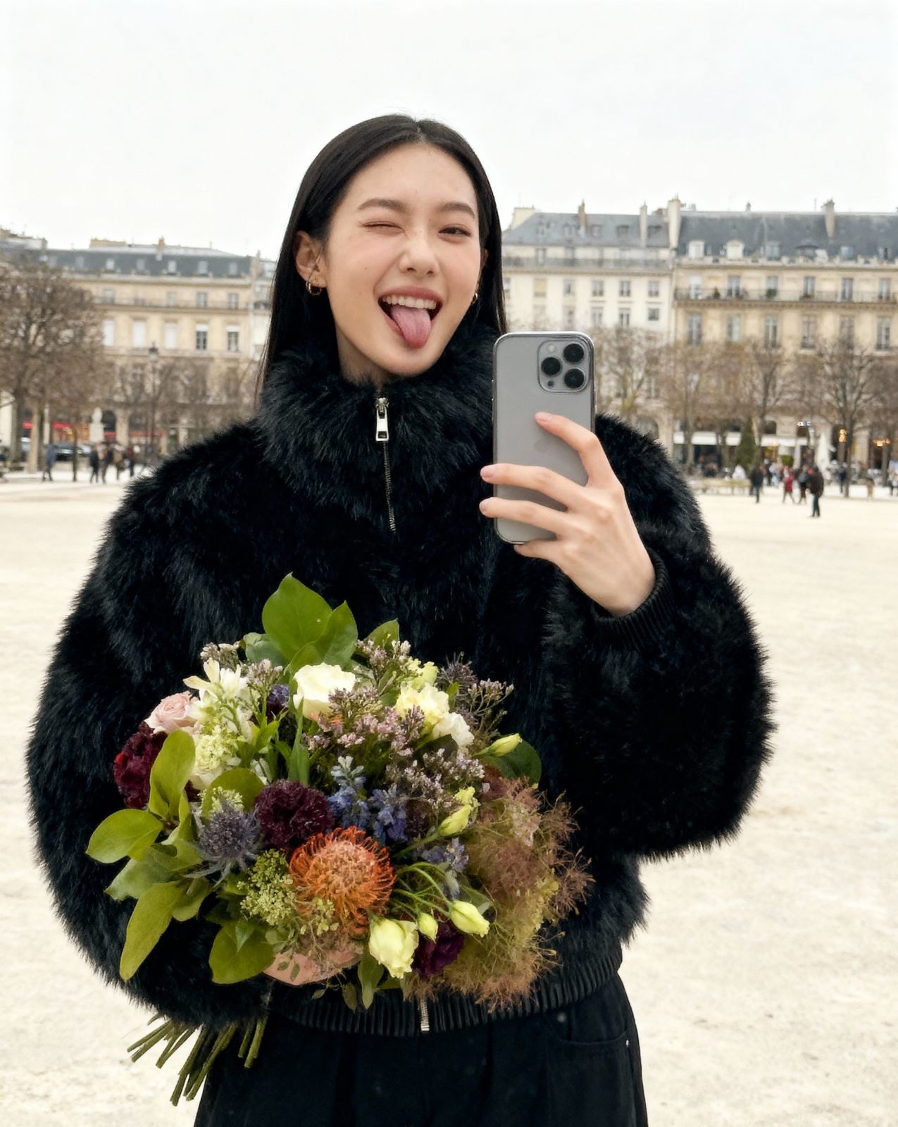 a woman in a fur coat taking a selfie