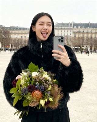 a woman in a fur coat taking a selfie