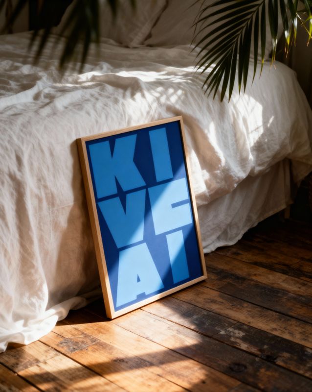 a picture frame sitting on the floor next to a bed