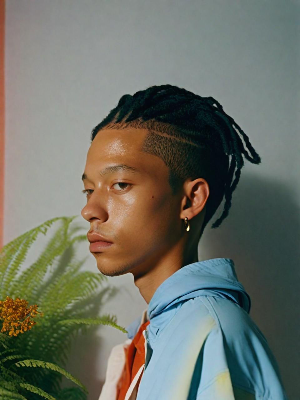 a man with dreadlocks standing next to a plant