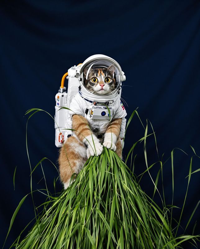 a cat in a space suit sitting on top of a pile of grass