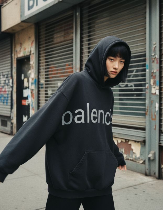 a woman in a black hoodie is walking down the street