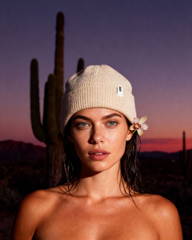 a woman wearing a white hat with a flower in her hair
