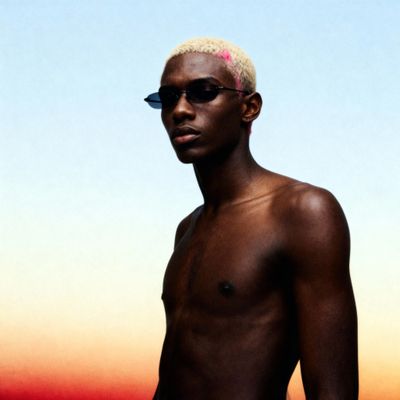 a man with a pink mohawk standing in front of a sunset