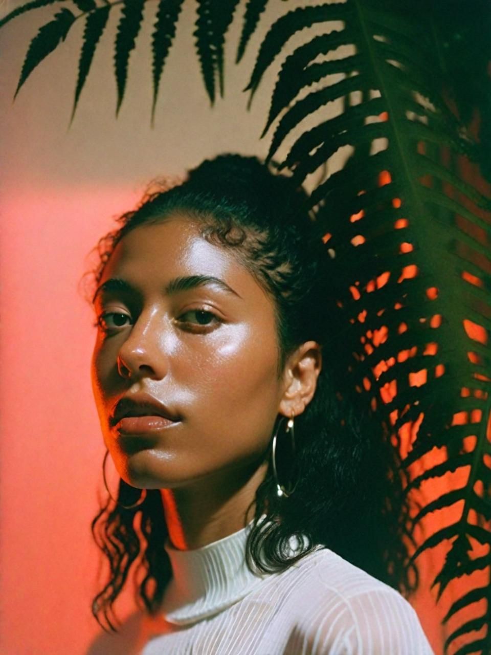 a woman standing in front of a palm tree