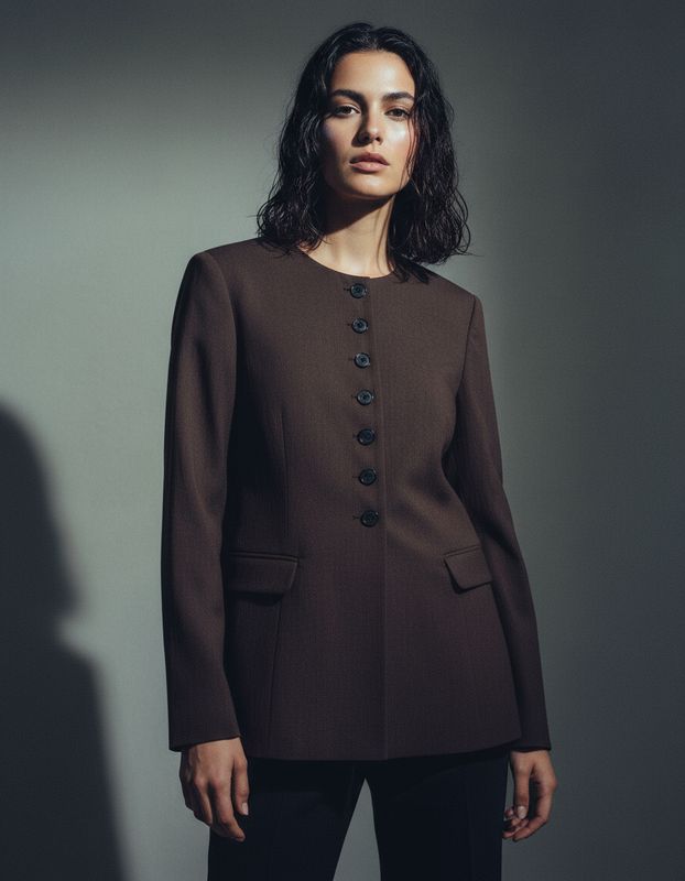 a woman wearing a brown jacket and black pants