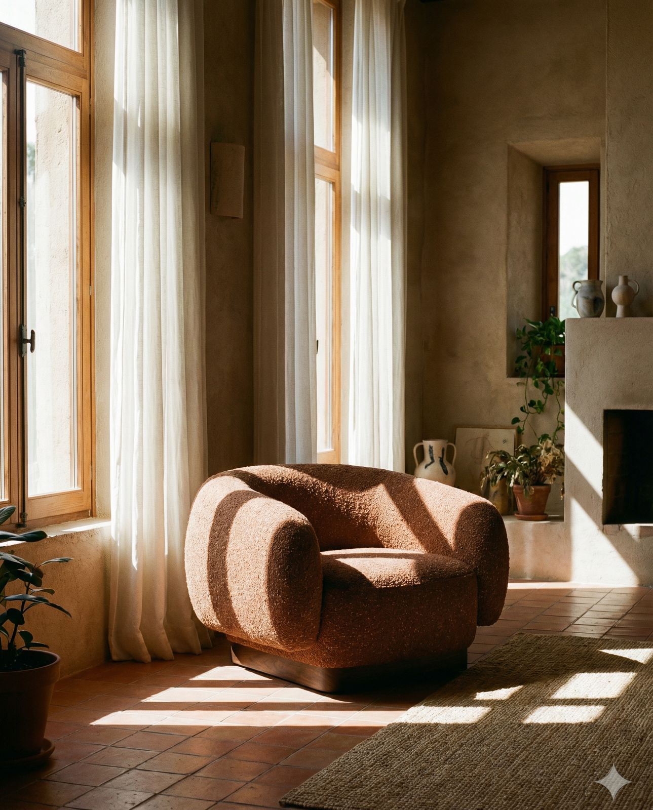 a chair sitting in a living room next to a fire place