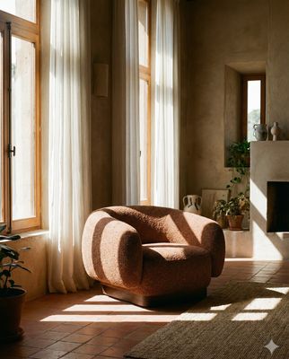 a chair sitting in a living room next to a fire place