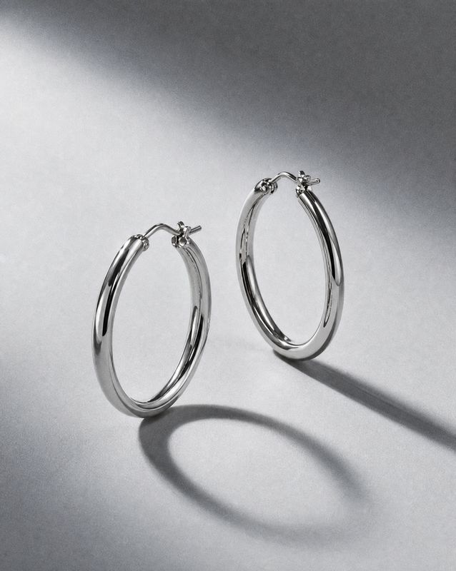 a pair of silver hoop earrings on a white background