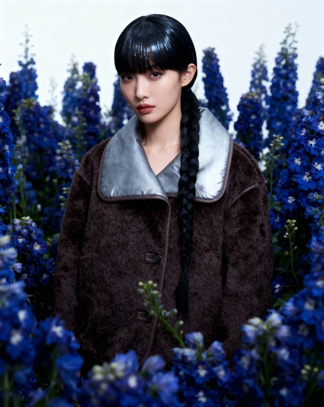 a woman standing in a field of blue flowers