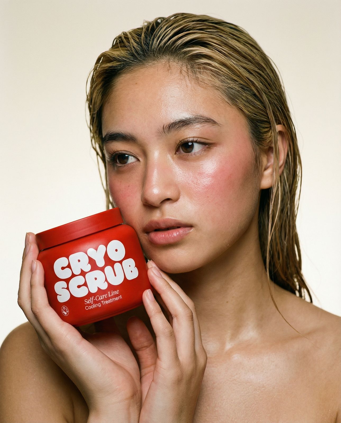a woman holding a jar of cayo scrub