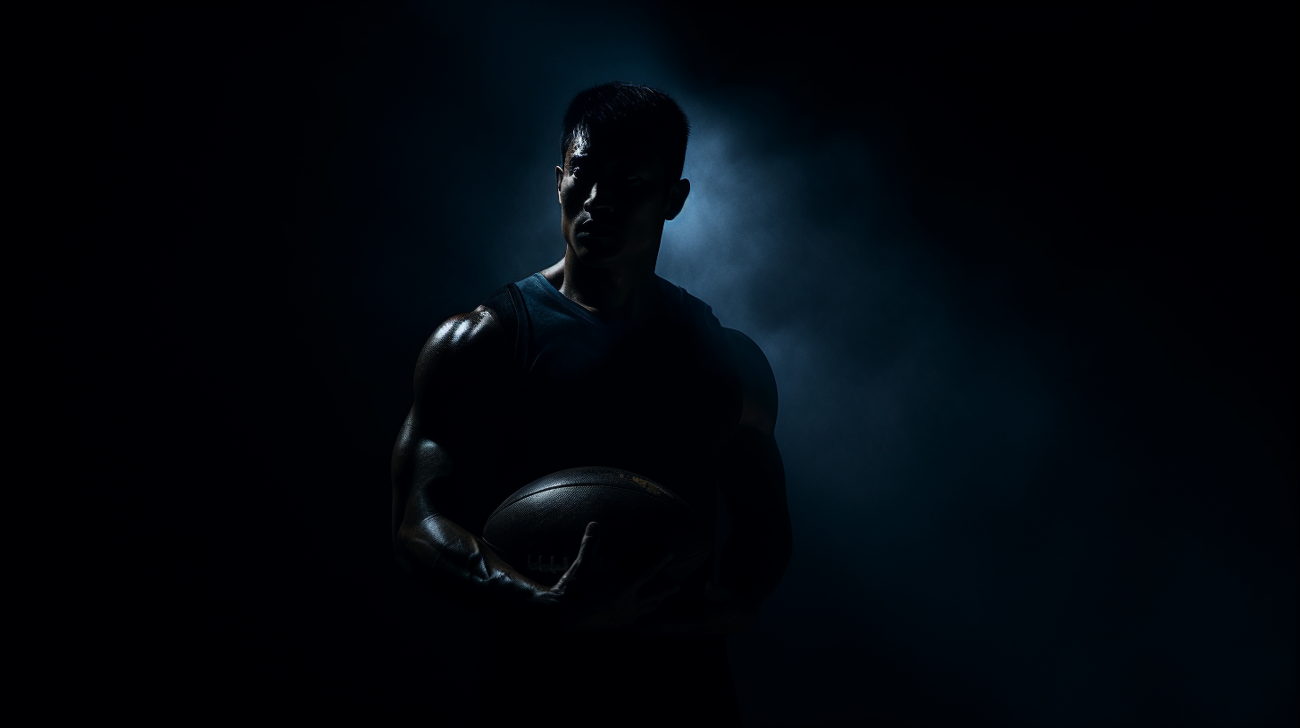 a man holding a basketball in the dark