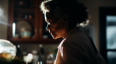 a woman standing in a kitchen preparing food