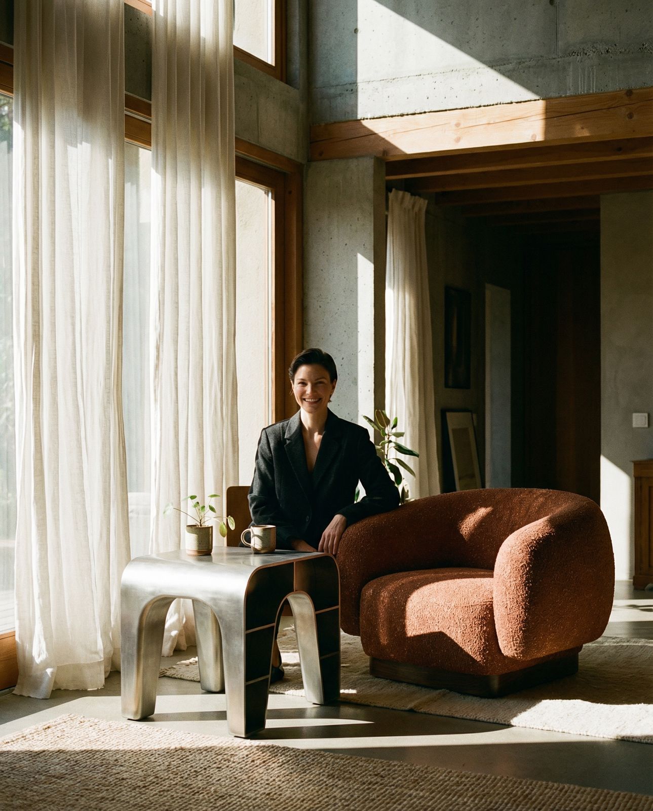a woman sitting in a chair in front of a window