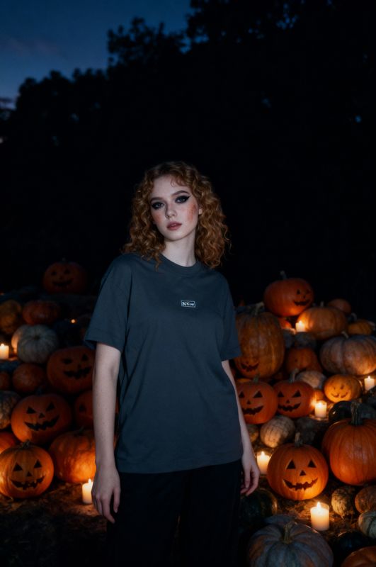 a woman standing in front of a pile of pumpkins