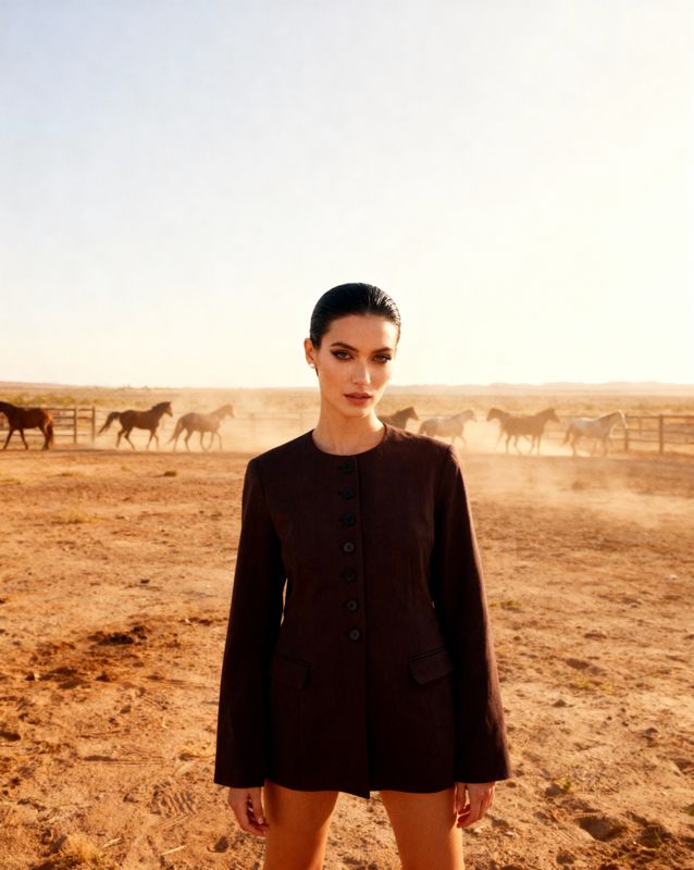 a woman standing in the middle of a desert