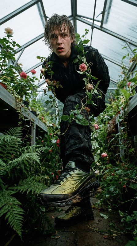 a man in a greenhouse surrounded by plants
