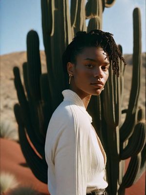 a woman standing in front of a cactus