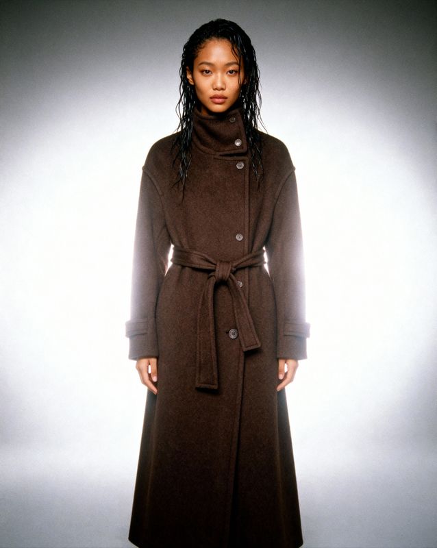 a woman in a brown coat is standing