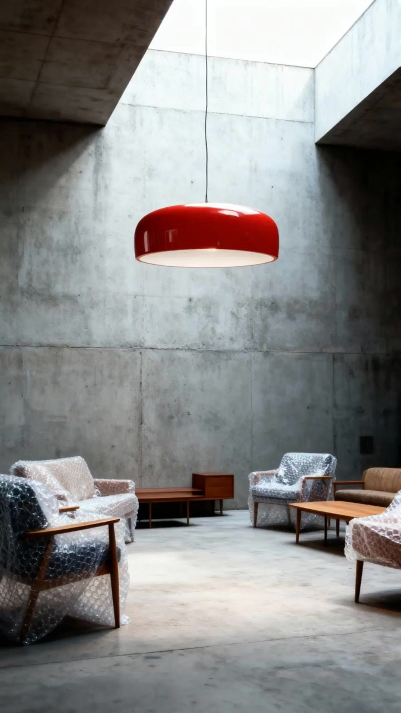 a room filled with furniture and a red light hanging from the ceiling