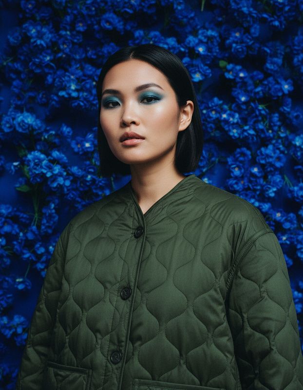 a woman standing in front of a blue wall