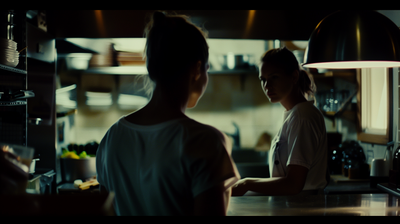 a couple of women standing in a kitchen next to each other