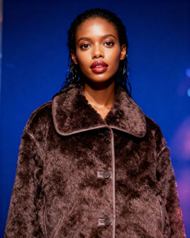 a woman in a fur coat on a runway