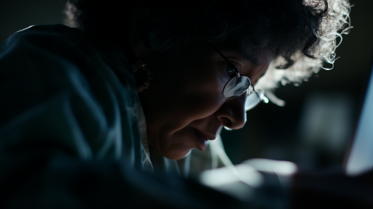 a woman is looking at a computer screen