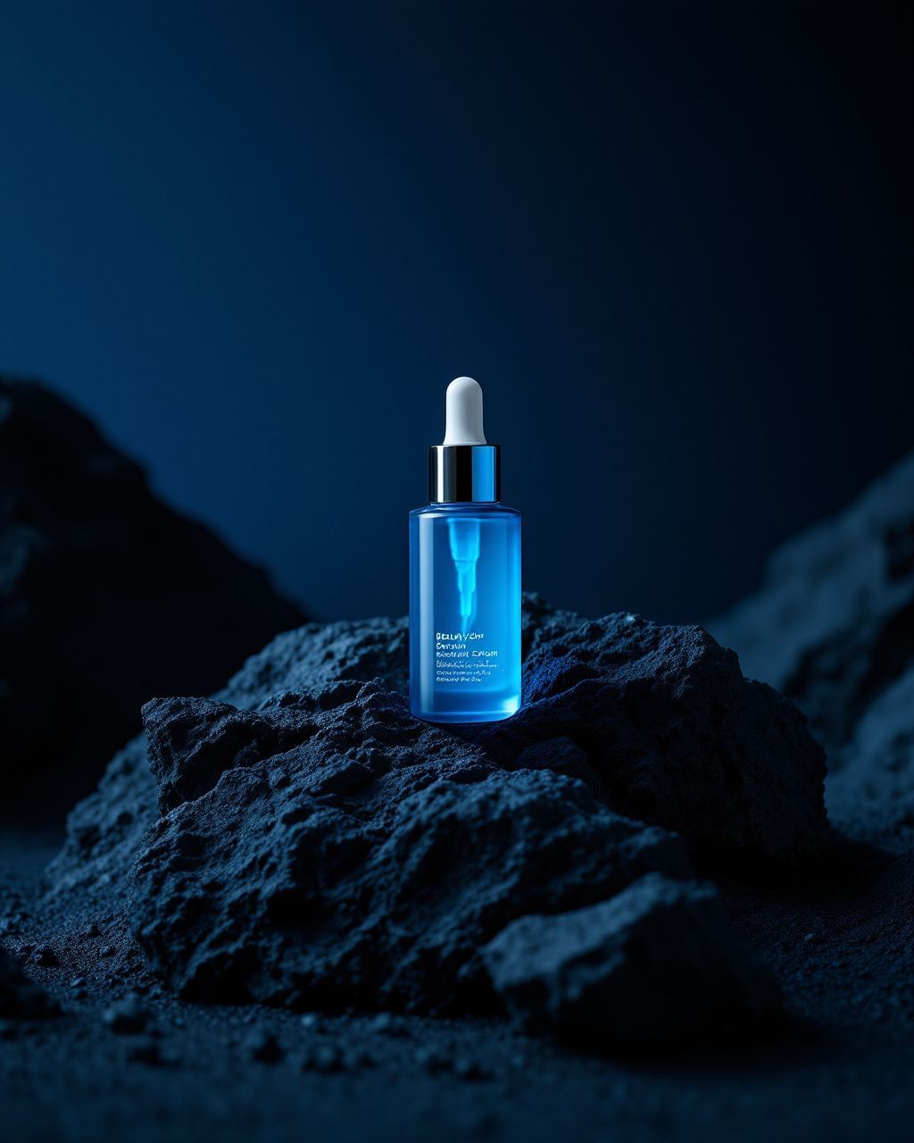 a bottle of blue liquid sitting on top of a rock