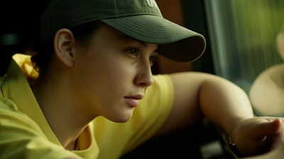 a young man wearing a green hat looking at his cell phone