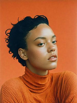 a woman in an orange turtle neck sweater