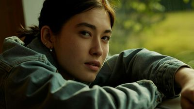 a woman leaning on a window sill looking out the window