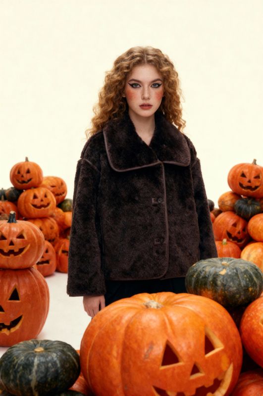 a woman standing in front of a pile of pumpkins