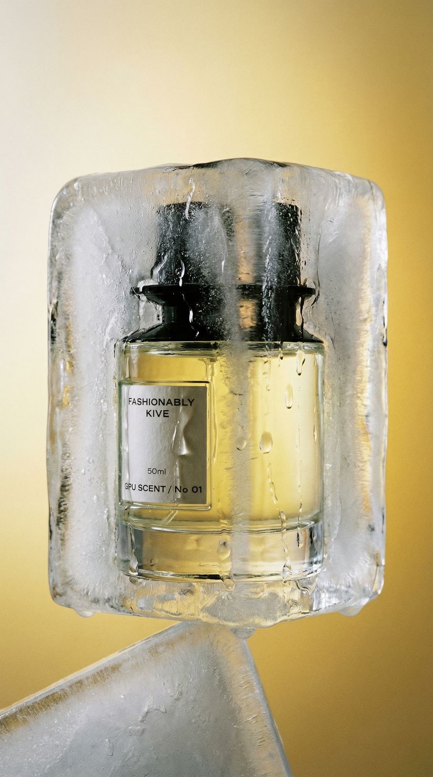 a bottle of perfume sitting on top of ice