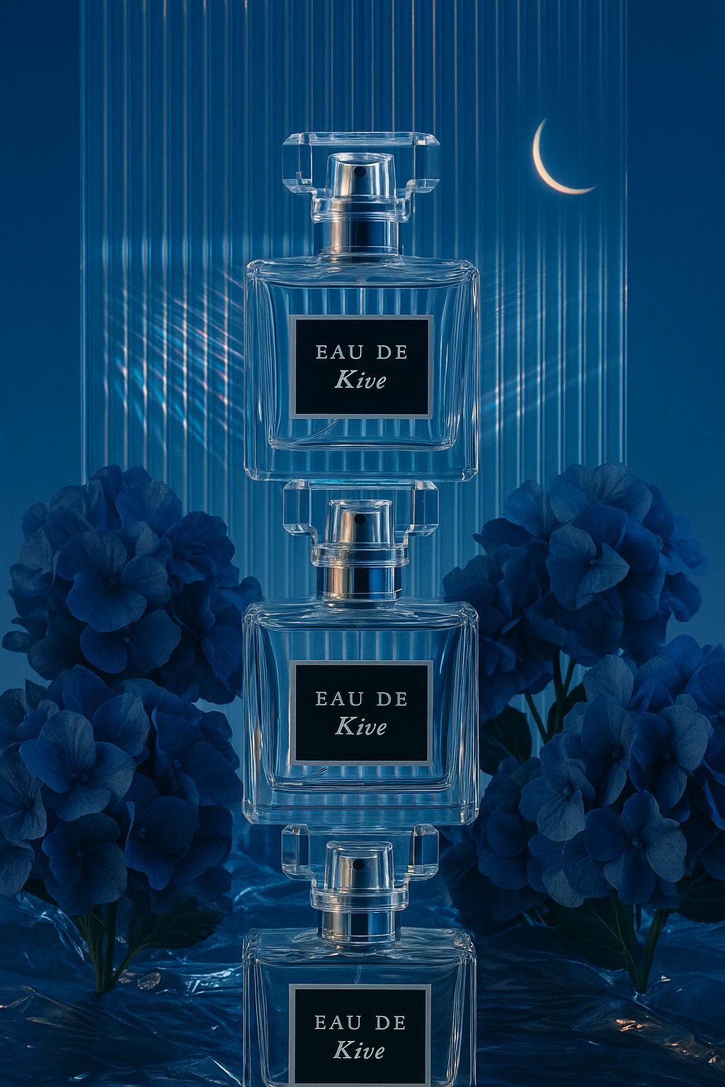 three perfume bottles are stacked on top of each other
