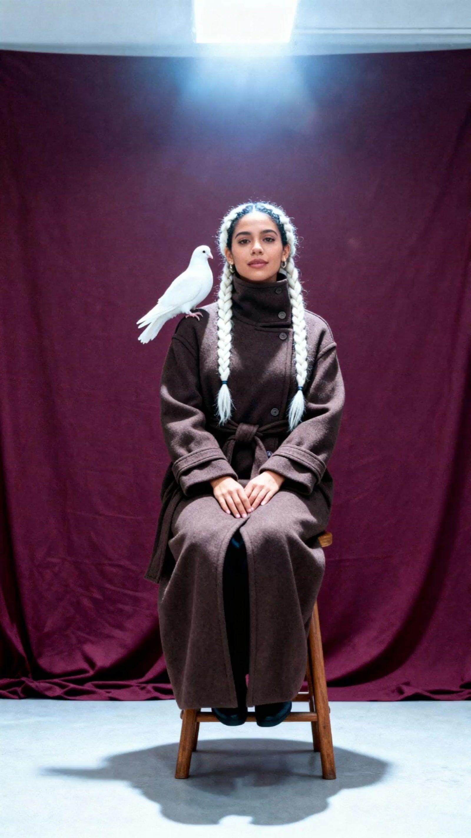 a woman sitting in a chair with a bird on her shoulder
