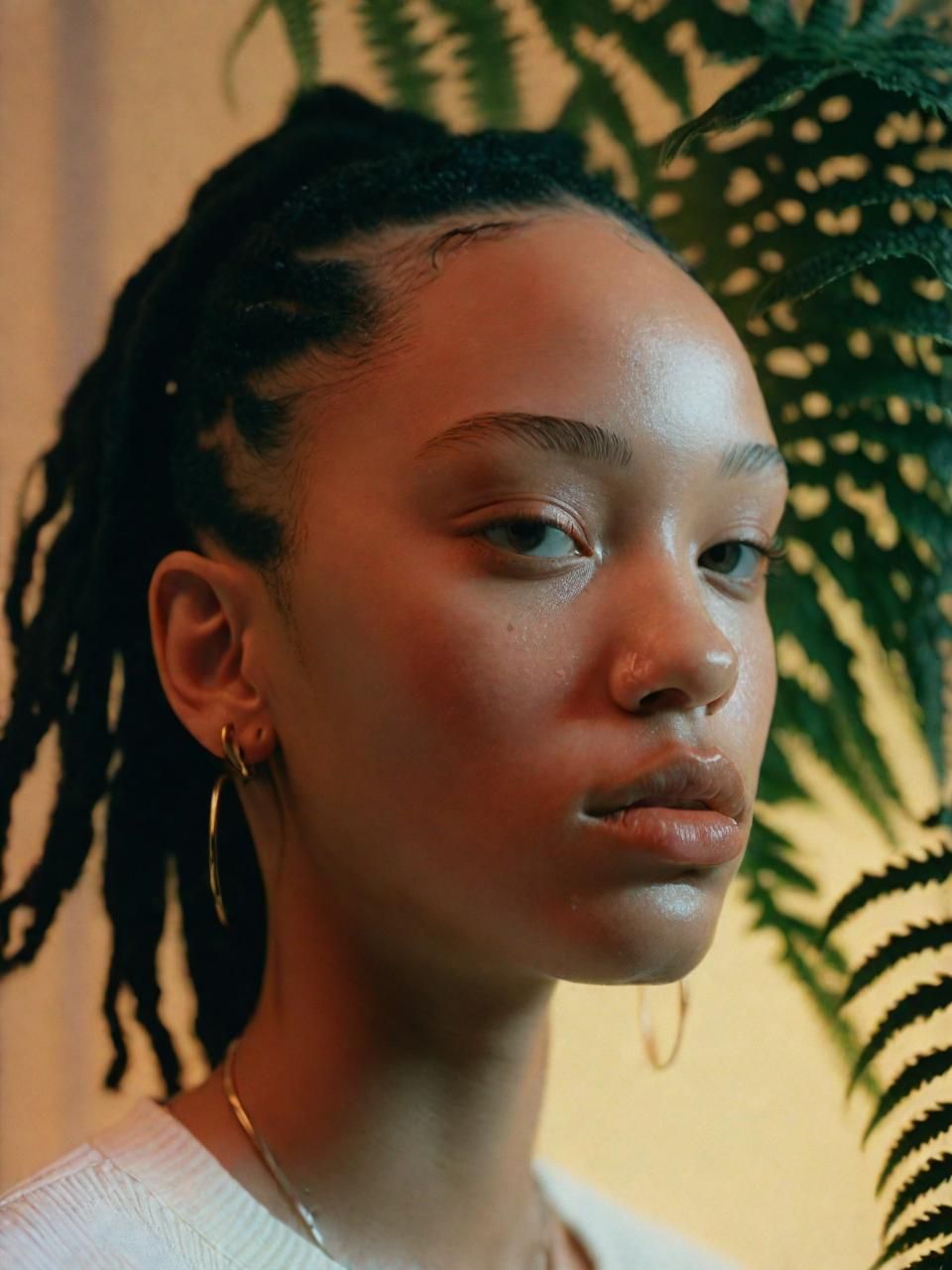 a close up of a person with a plant in the background