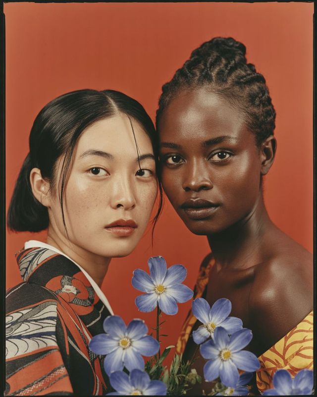 two women standing next to each other with flowers in front of them