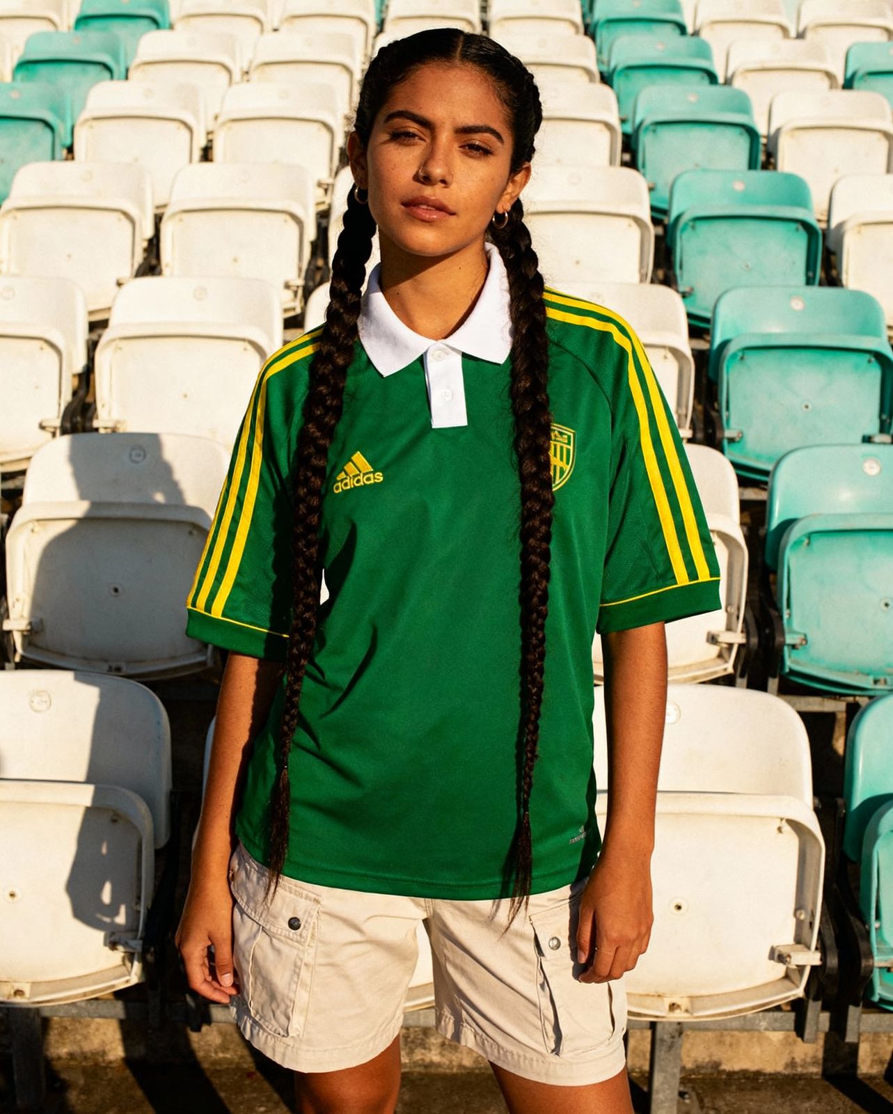a girl with braids standing in front of a row of chairs
